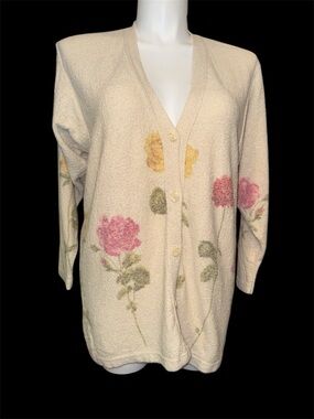 Gabriella T Cream Floral Button-Front Women's Sweater Cardigan